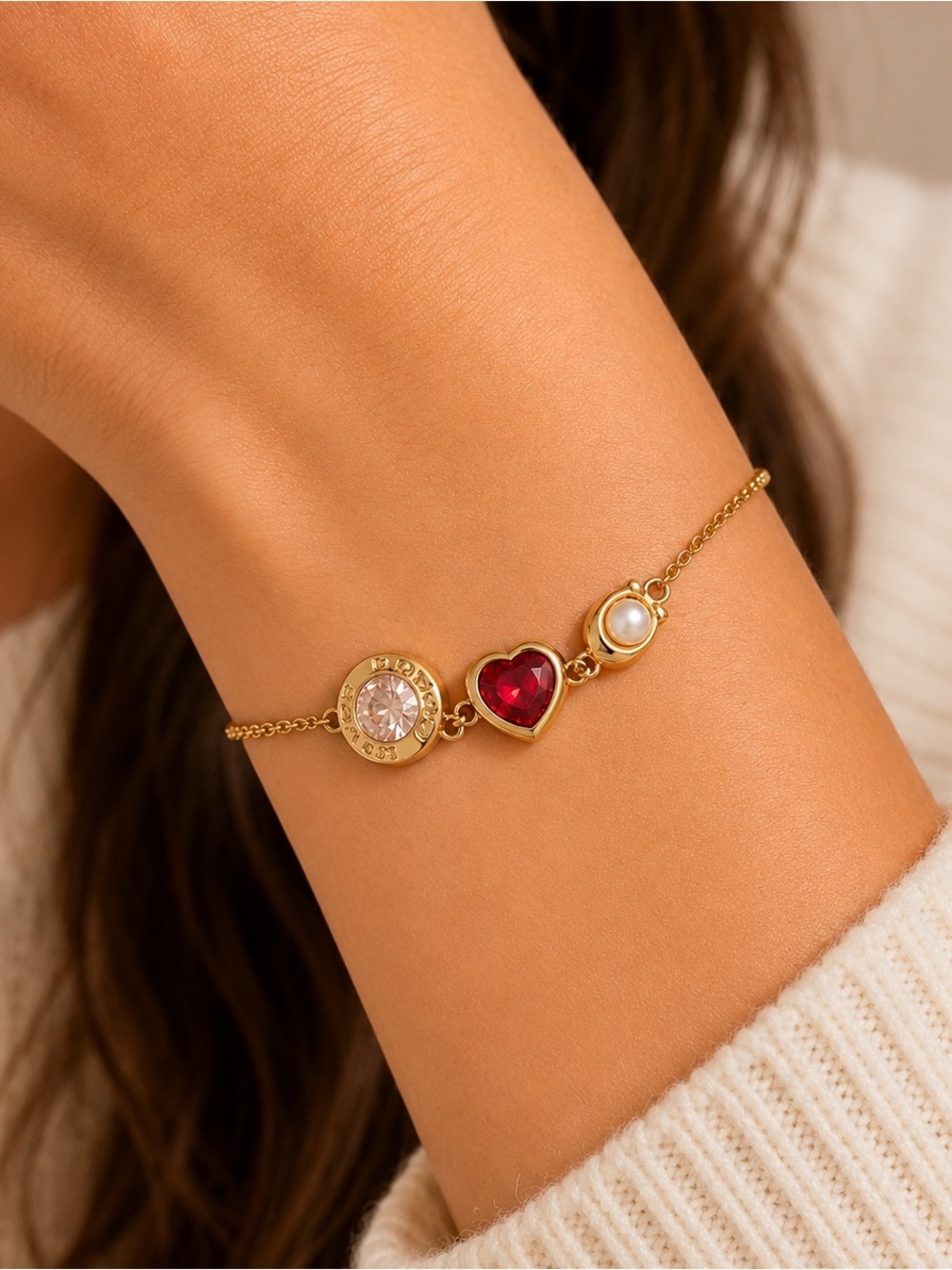 Coach Gold Tone Crystal Heart Pearl Charm Slider Bracelet NWT #82